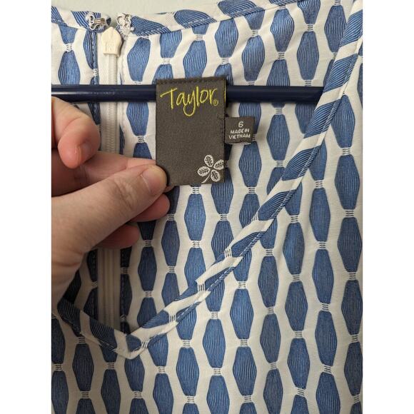 Taylor Blue and White A-line Midi Dress with Flutter Sleeves - Picture 2 of 6